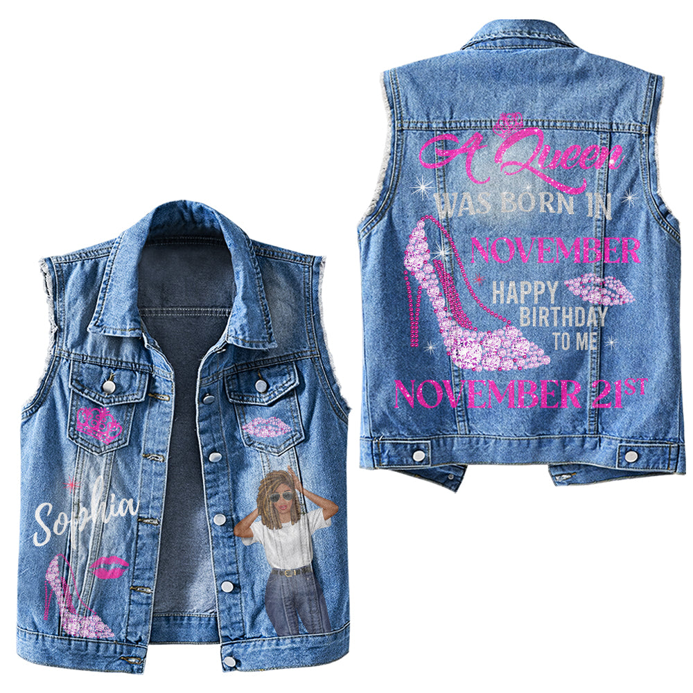 Premium Log Denim Vest - Personalised November Month Birthday Gifts, Gift Ideas November Month Birthday Woman