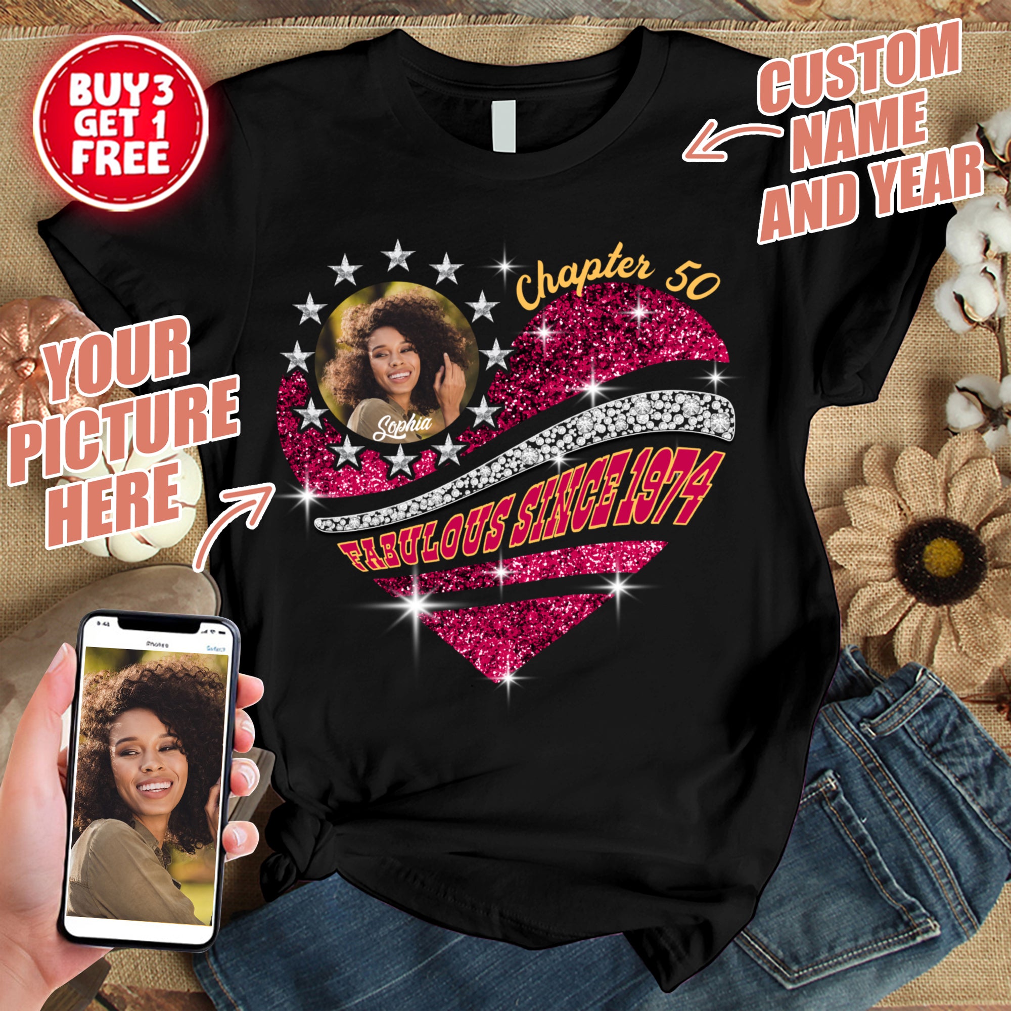 Custom Face Photo 50's Birthday Shirt, 50th Birthday Unique T Shirt For Woman, Custom Birthday Shirt, Her Gifts For 50 Years Old, Custom Picture Tee, Personalized Birthday Shirt-YPT-TLT