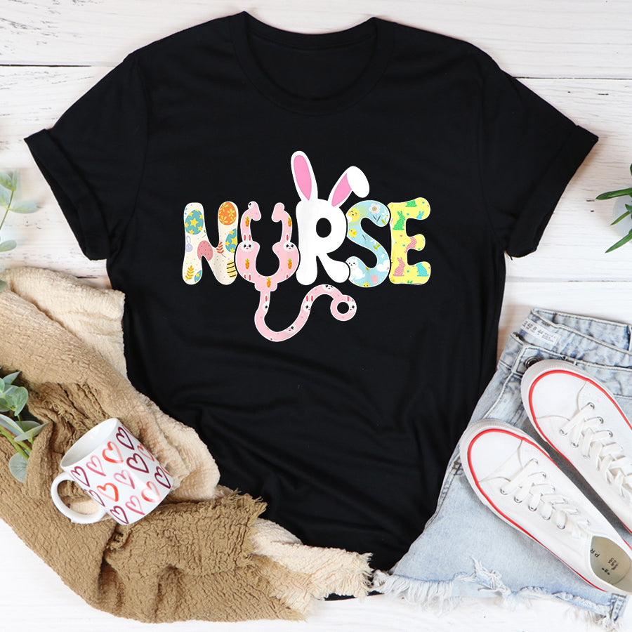 Easter Shirt Stethoscope Scrub Nurse Life Easter Day Cute Bunny With Eggs T-Shirt Funny Easter Gift For Girls And Women