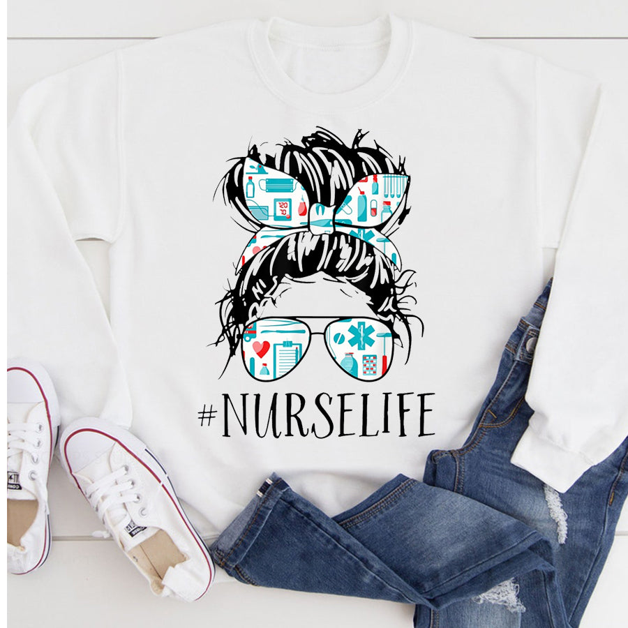 Nurse Shirt Messy Hair Woman Bun Nurse Life Healthcare Life T-Shirt Nurses Week Gift