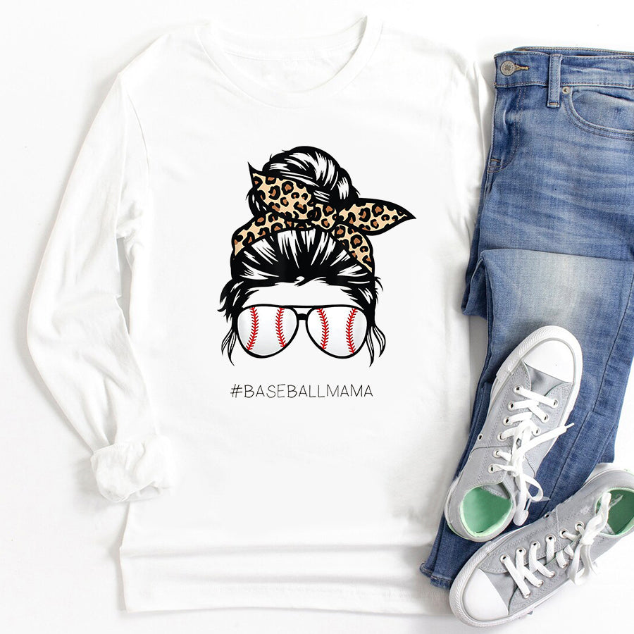 Baseball Mom Shirt Baseball Mama Leopard Funny Mom Messy Hair Bun Mothers Day T-Shirt Mother Day Shirts