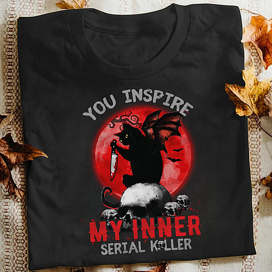 You inspire my inner serial killer Halloween t shirt, funny halloween shirts, Black cat halloween shirt, Skull lover unisex shirt