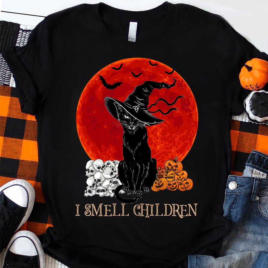 I smell children Halloween t shirt, funny halloween shirts, Black cat halloween shirt, Skull Pumpkin lover gift for women