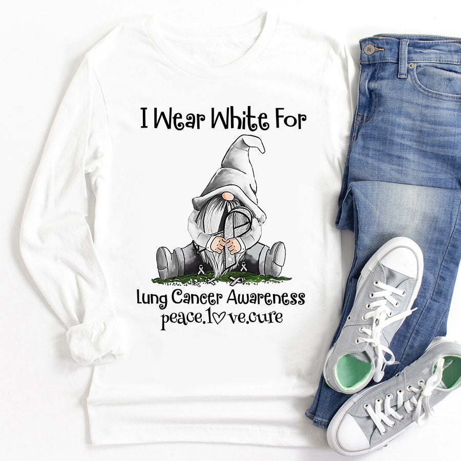I Wear White For Lung Cancer Awareness Gnomes Peace Love Cure  Ribbon T Shirt , Lung Cancer Awareness Ribbon Day, White Ribbon