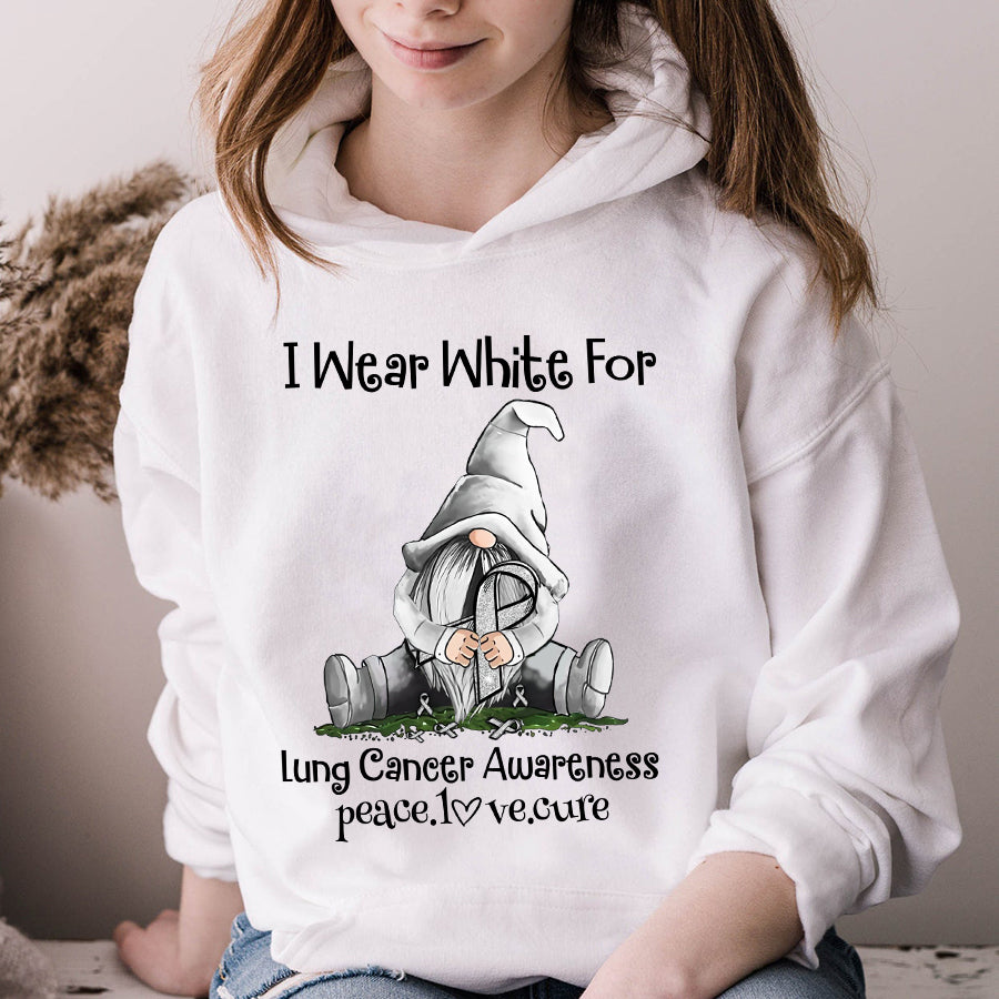 I Wear White For Lung Cancer Awareness Gnomes Peace Love Cure  Ribbon T Shirt , Lung Cancer Awareness Ribbon Day, White Ribbon