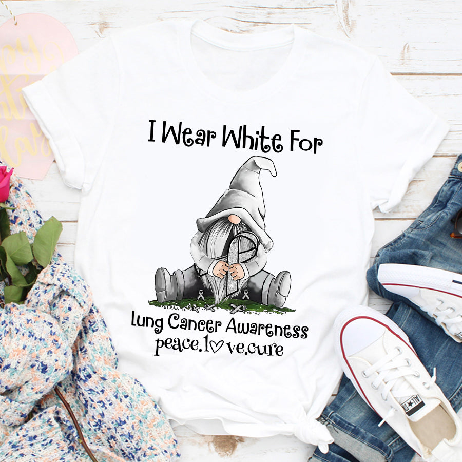 I Wear White For Lung Cancer Awareness Gnomes Peace Love Cure  Ribbon T Shirt , Lung Cancer Awareness Ribbon Day, White Ribbon