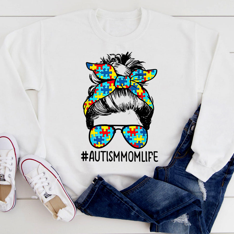 Autism Mom Shirt Curly Messy Bun Autism Awareness T-Shirt Autism Awareness Month Shirt For Women
