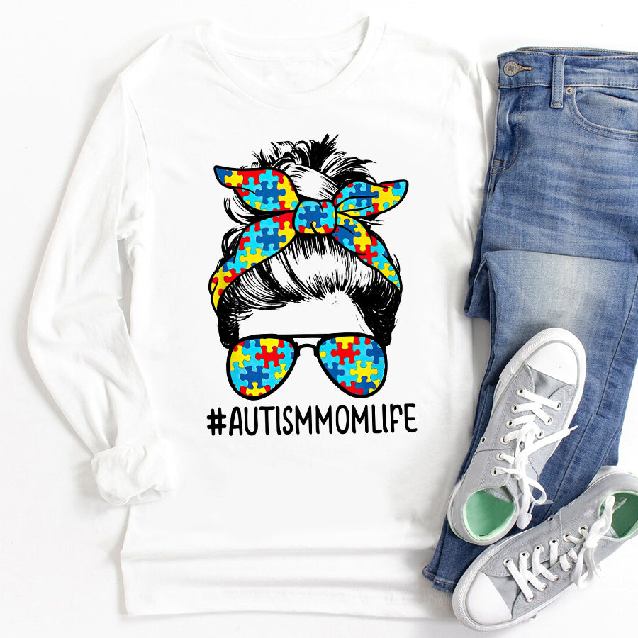Autism Mom Shirt Curly Messy Bun Autism Awareness T-Shirt Autism Awareness Month Shirt For Women