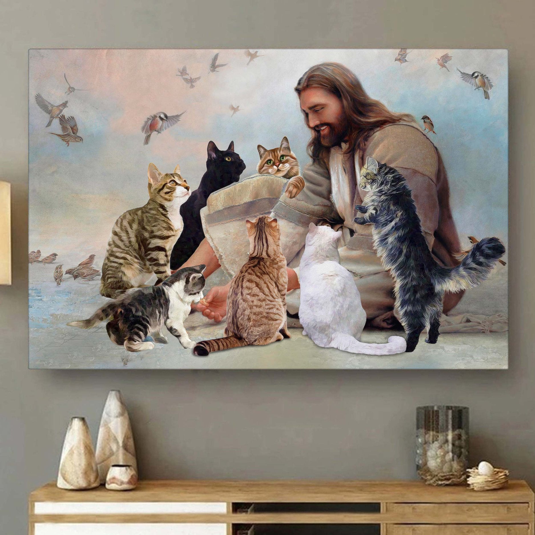 God Jesus With Lovely Cats Wall Art Print Poster
