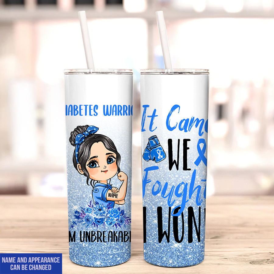 It Came We Fought I Won, Personalized Skinny Tumbler - Gift For Diabetes Warriors, Icon Girl Brave