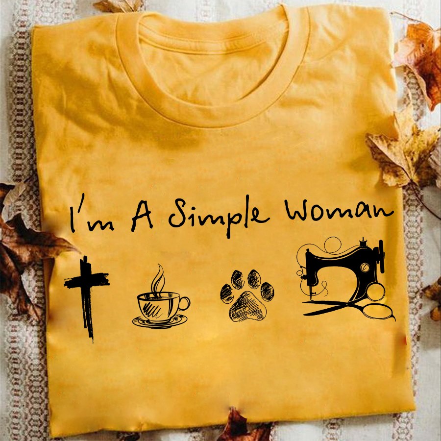 I’m A Simple Woman Cross Dog Coffee And Sewing Machine Shirt, Sewing Lover Cotton Shirt For Women