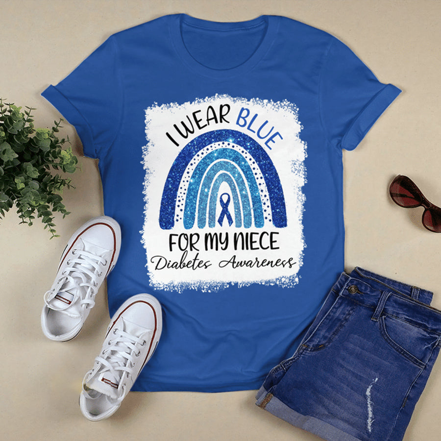 I Wear Blue For My Niece Rainbow T Shirt , T1D Diabetes Awareness Gift, World Diabetes Day, Blue Ribbon