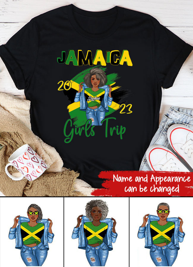 Jamaica Girl Queen Shirt Jamaincan Queen African American Afro Woman Jamaica Flag Gift Jamaica Girls Trip Vacation Travel Matching Lips 2023 T-Shirt