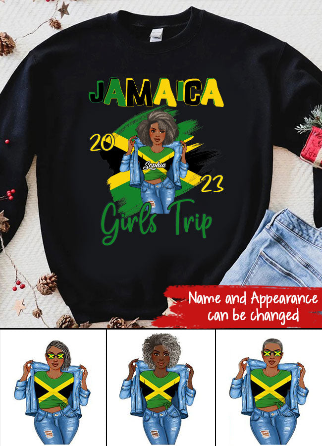 Jamaica Girl Queen Shirt Jamaincan Queen African American Afro Woman Jamaica Flag Gift Jamaica Girls Trip Vacation Travel Matching Lips 2023 T-Shirt