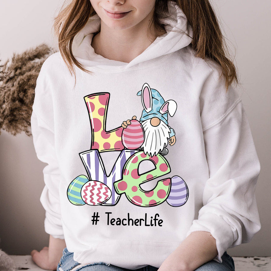 Easter Shirt Love Teacher Life Easter Gnome Egg Hunting Basket T-Shirt Funny Teacher Easter Gift