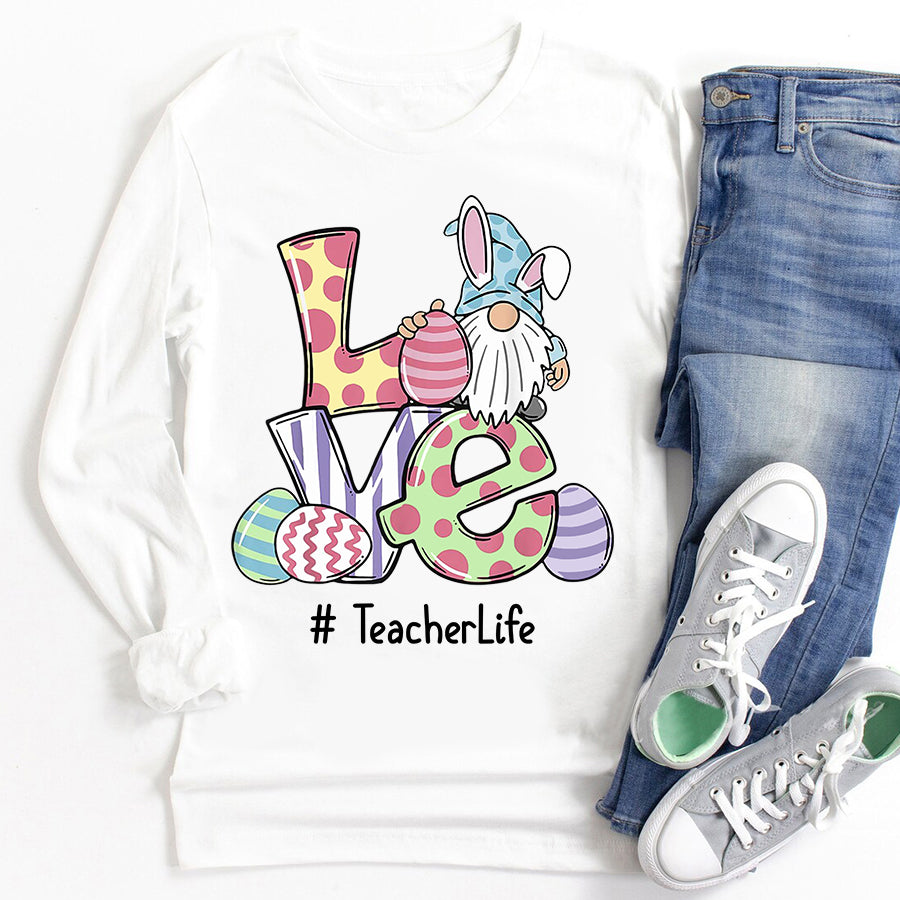 Easter Shirt Love Teacher Life Easter Gnome Egg Hunting Basket T-Shirt Funny Teacher Easter Gift