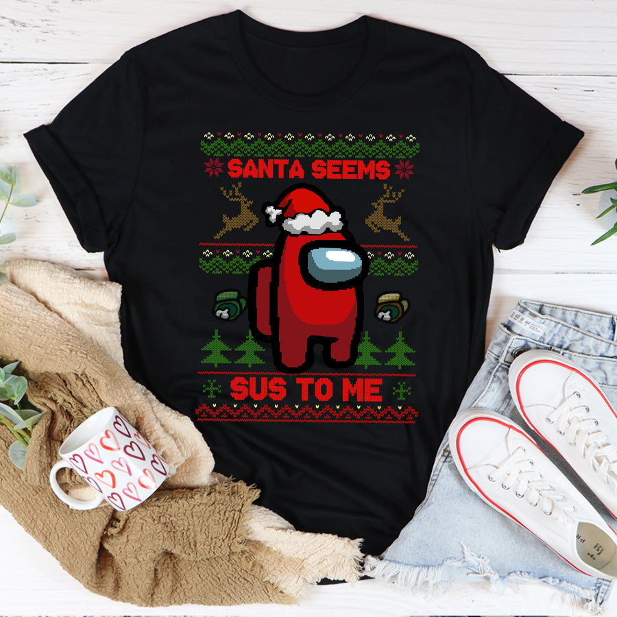 Santa seems sus to me christmas t shirt, among us christmas shirts, crewmate shirt, best christmas gifts unisex shirt