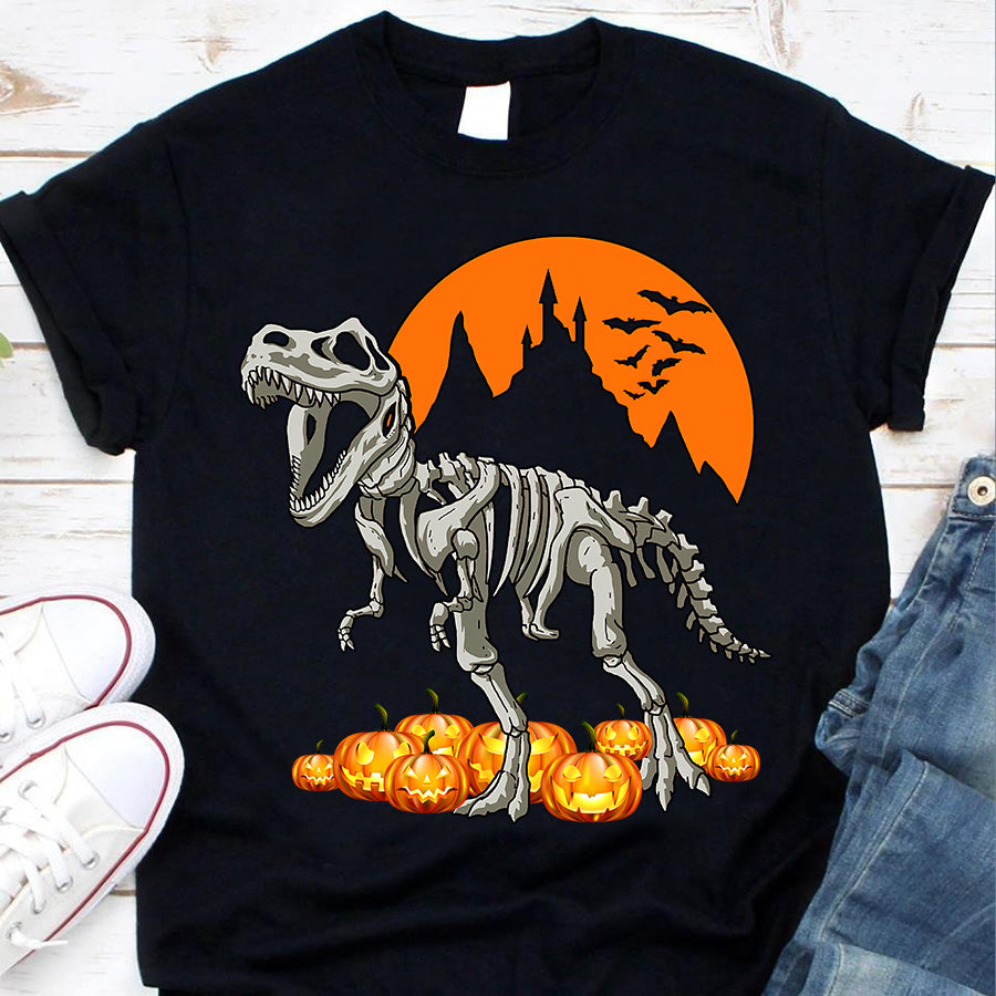Dinosaur T rex Skeleton Pumpkin With Moon Halloween Costume Cotton T-Shirt Dinosaur Halloween Gift For Women