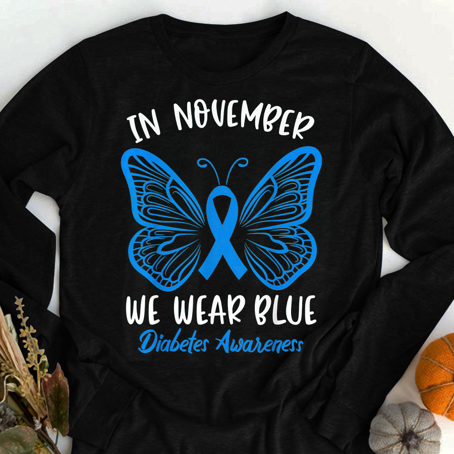 In November We Wear Blue Diabetes Awareness T Shirt , T1D Diabetes Awareness Gift, World Diabetes Day, Blue Ribbon