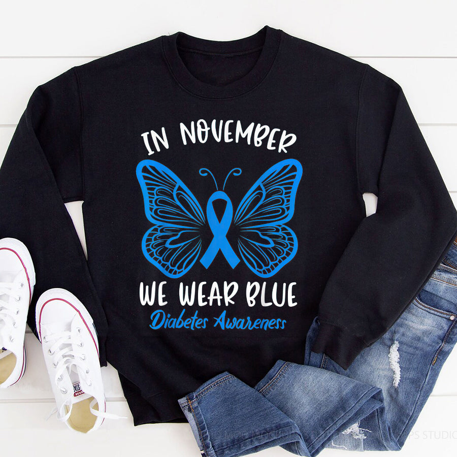 In November We Wear Blue Diabetes Awareness T Shirt , T1D Diabetes Awareness Gift, World Diabetes Day, Blue Ribbon