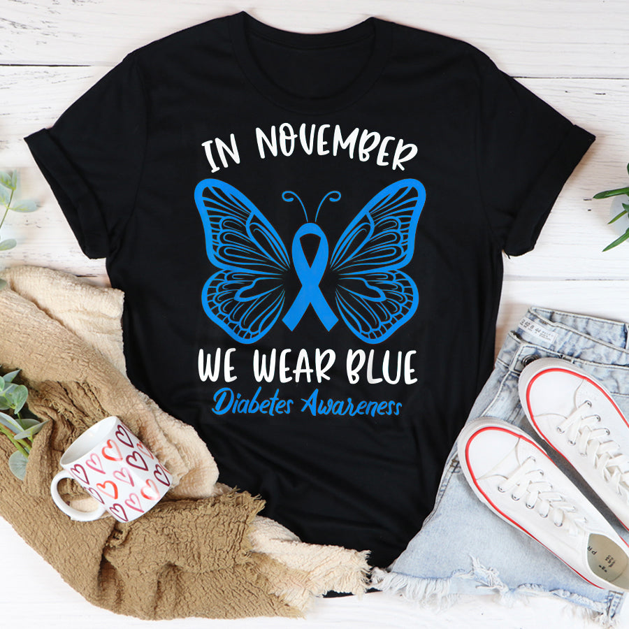 In November We Wear Blue Diabetes Awareness T Shirt , T1D Diabetes Awareness Gift, World Diabetes Day, Blue Ribbon