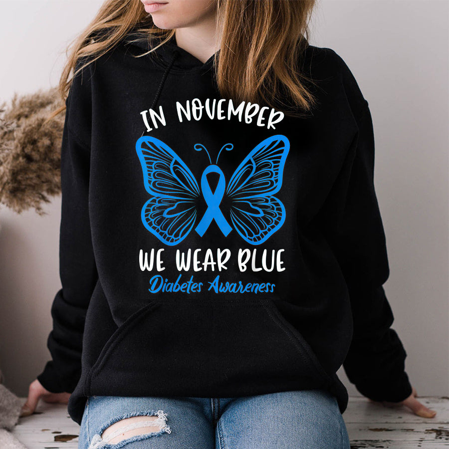 In November We Wear Blue Diabetes Awareness T Shirt , T1D Diabetes Awareness Gift, World Diabetes Day, Blue Ribbon
