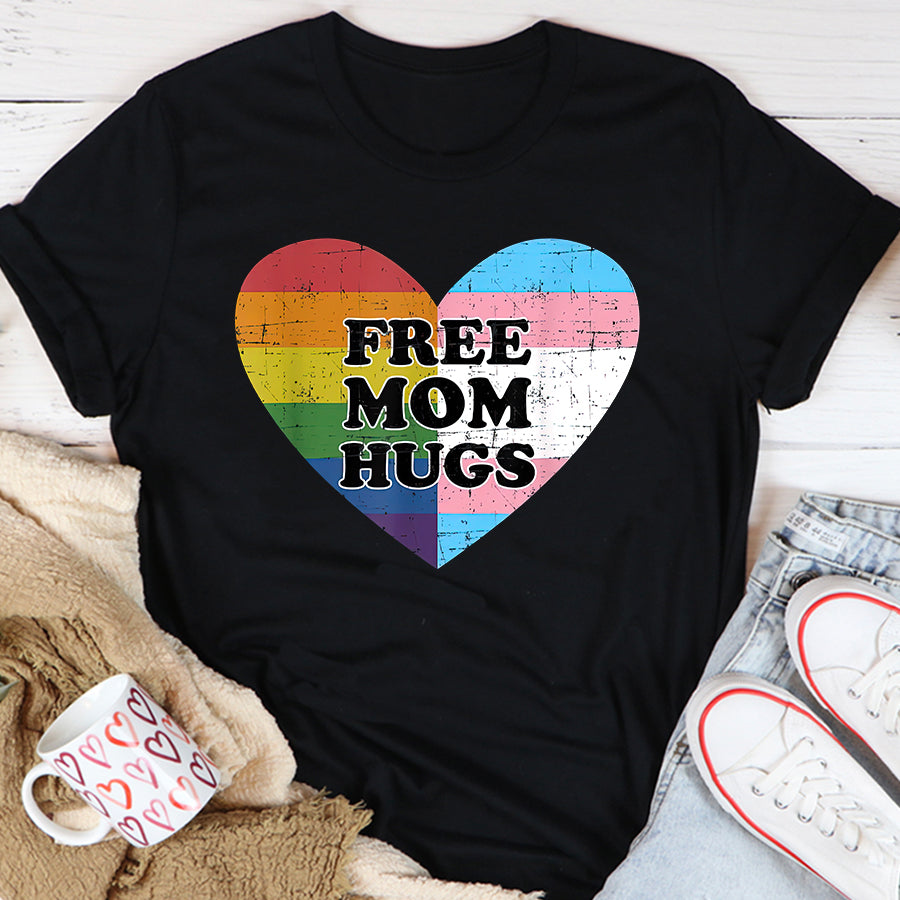 LGBT Shirts, Rainbow Pride Shirt,Free mom hugs with rainbow and transgender flag heart T-Shirt