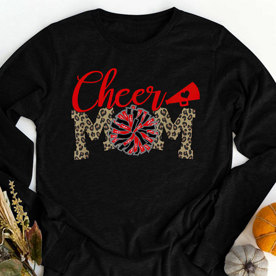Cheer Mom Shirt Cheer Mom Biggest Fan Leopard Print Black And Red Pom Pom T-Shirt Mothers Day Shirts for Women