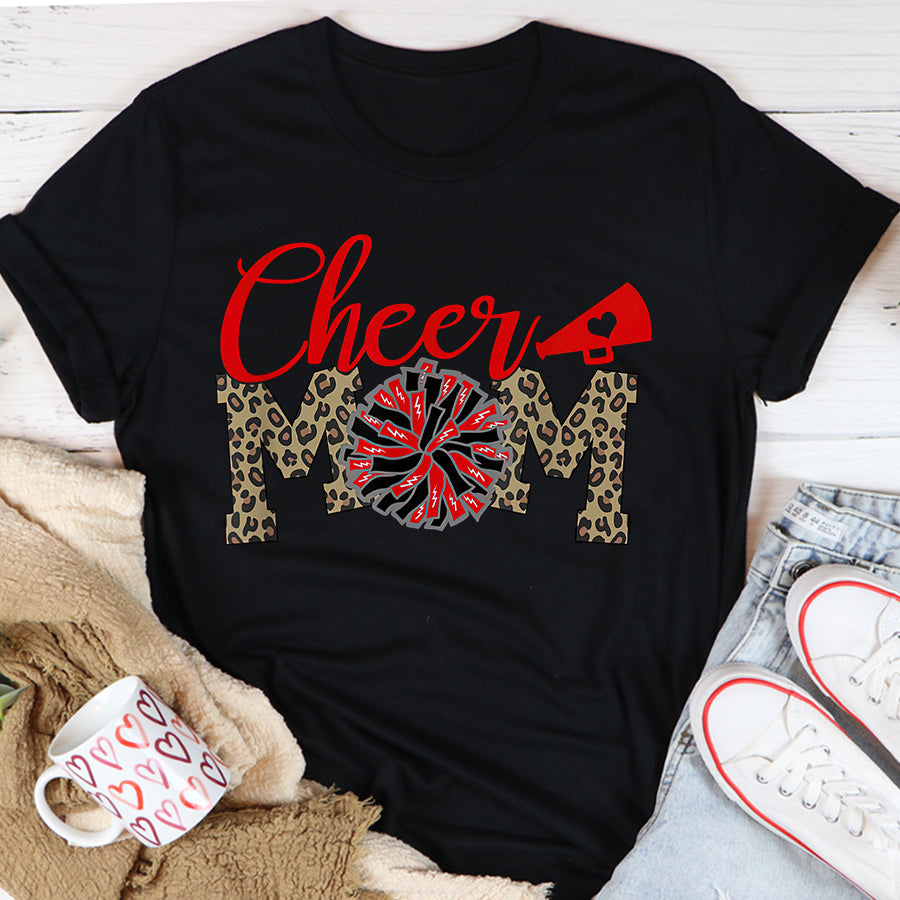 Cheer Mom Shirt Cheer Mom Biggest Fan Leopard Print Black And Red Pom Pom T-Shirt Mothers Day Shirts for Women