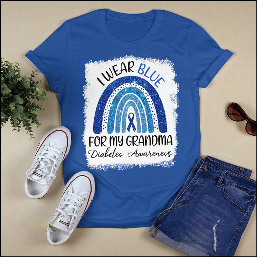 I Wear Blue For My Grandma Rainbow T Shirt , T1D Diabetes Awareness Gift, World Diabetes Day, Blue Ribbon