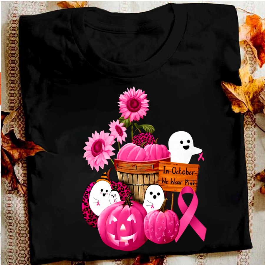 In october we wear pink  Halloween T Shirt, cute Halloween Shirt, Pumpkin Shirt, Breast Cancer skull t shirt, Shirt For Women
