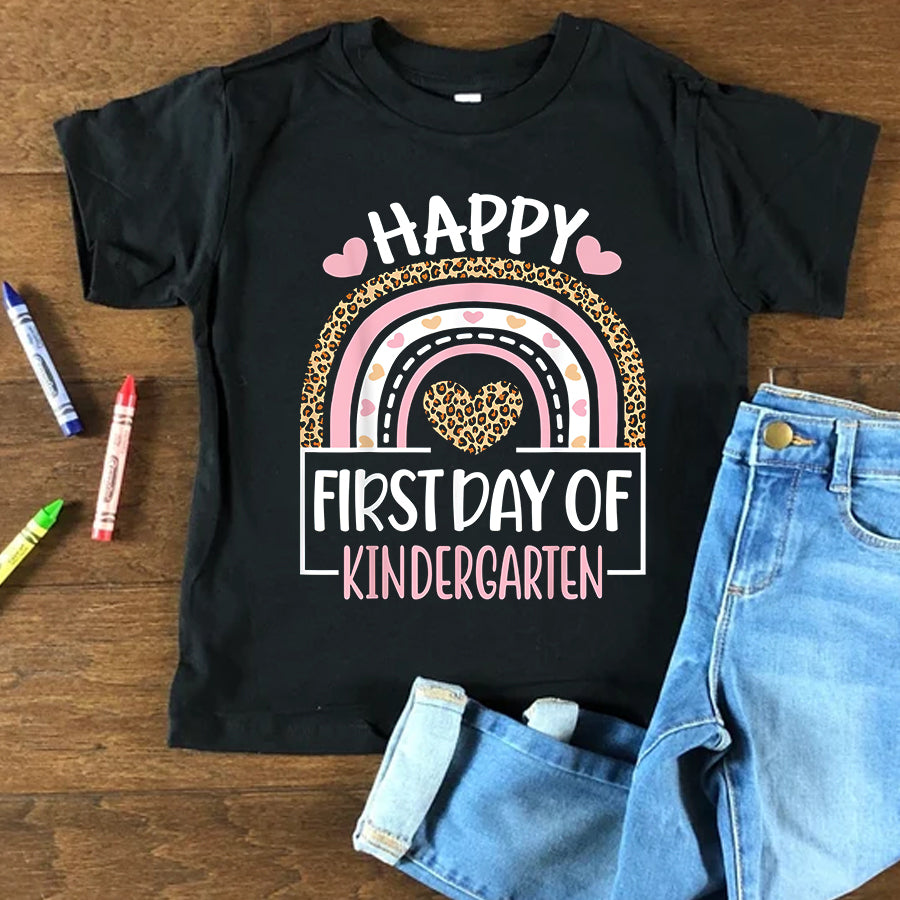 Happy First Day Shirts First Day of Kindergarten Funny Back To School Leopard Teach T-Shirt
