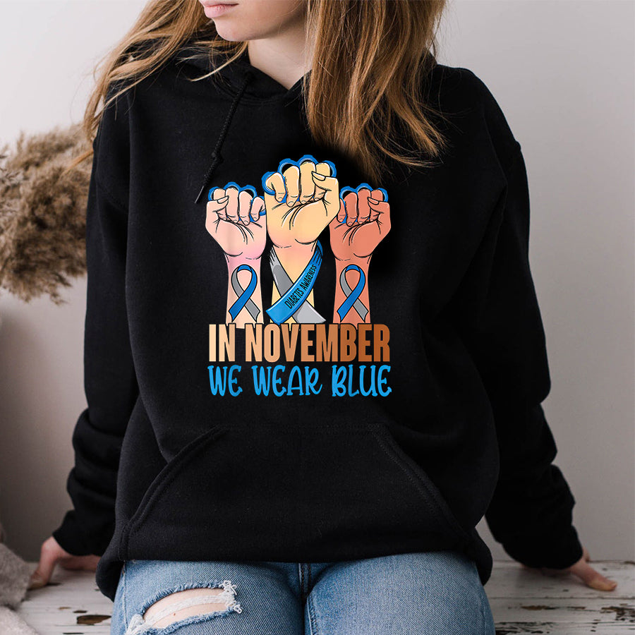 In November We Wear Blue Strong Hands Diabetes Awareness T Shirt , T1D Diabetes Awareness Gift, World Diabetes Day, Blue Ribbon