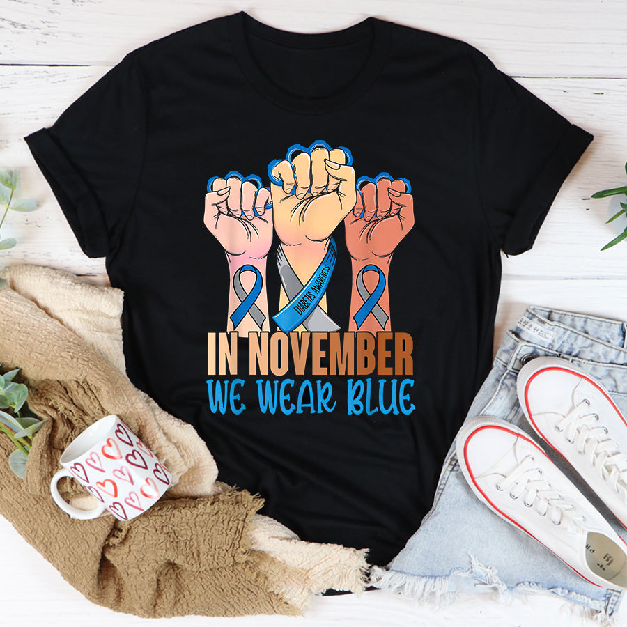 In November We Wear Blue Strong Hands Diabetes Awareness T Shirt , T1D Diabetes Awareness Gift, World Diabetes Day, Blue Ribbon
