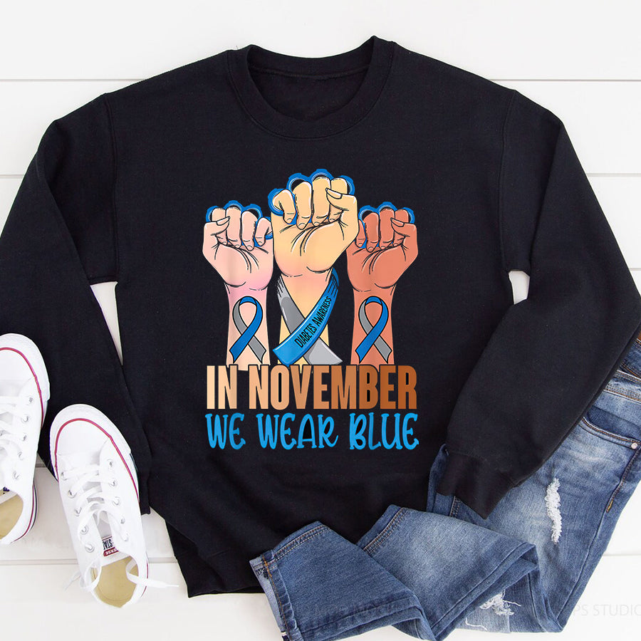 In November We Wear Blue Strong Hands Diabetes Awareness T Shirt , T1D Diabetes Awareness Gift, World Diabetes Day, Blue Ribbon