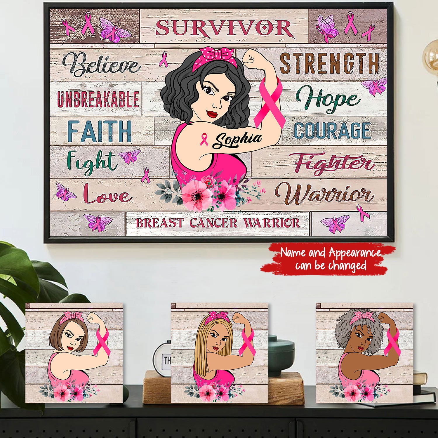 Custom Breast Cancer Poster Fight Strength Faith Support Hope Love Family Believe Survivor Poster, Breast Cancer Supporter Poster