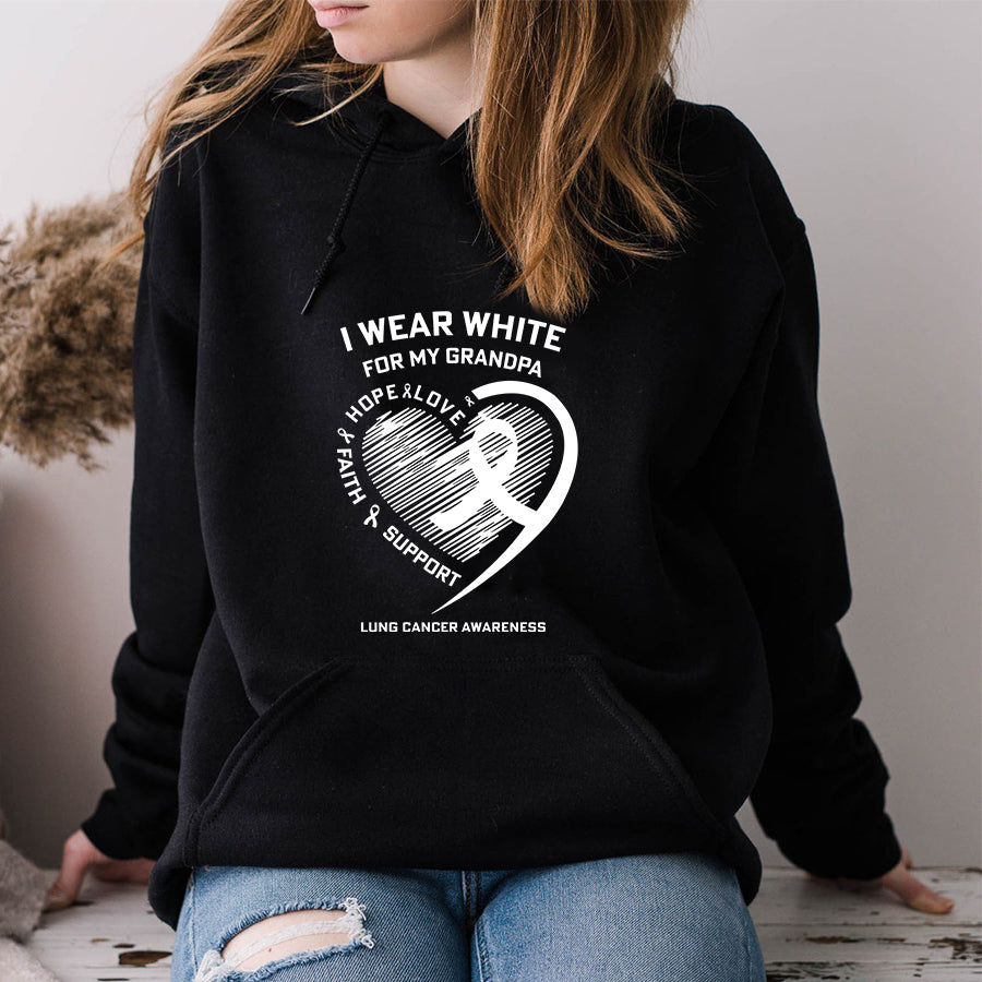 I Wear White For My Grandpa Love Hope Faith Support Lung Cancer Awareness T Shirt , Lung Cancer Awareness Ribbon Day Shirt , White Ribbon Gift