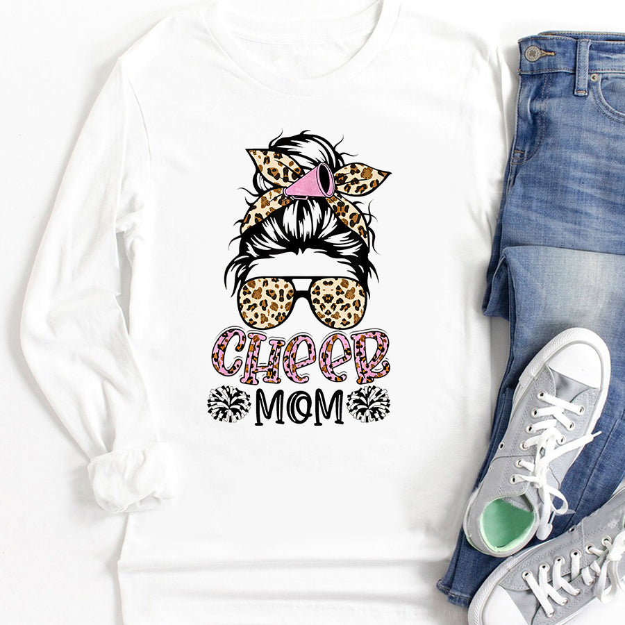 Cheer Mom Shirt Cheer Mom Leopard Messy Bun Cheerleader Funny Mothers Day T-Shirt Mother Day Shirts