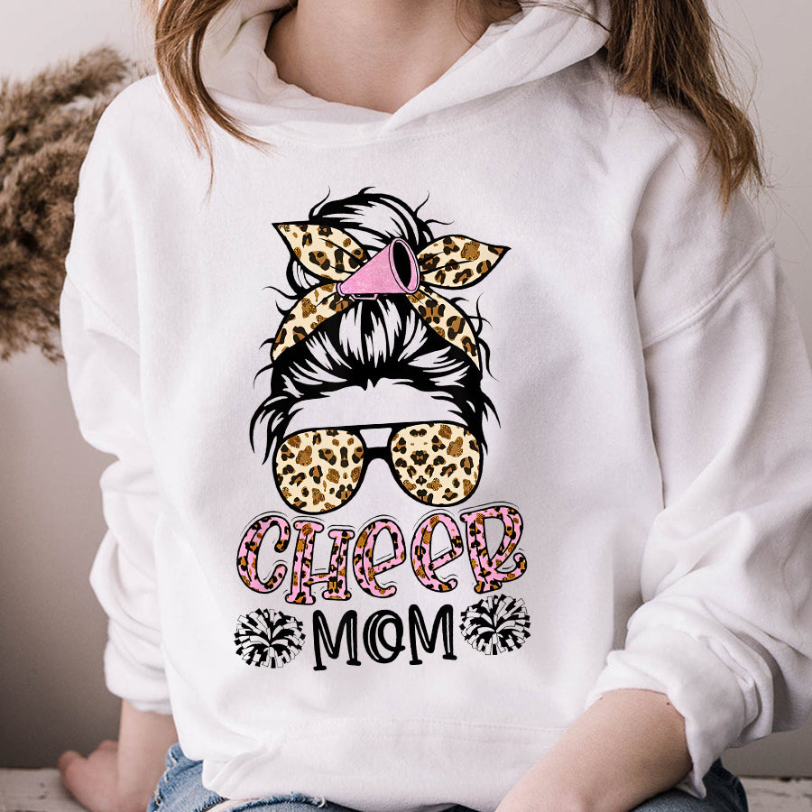 Cheer Mom Shirt Cheer Mom Leopard Messy Bun Cheerleader Funny Mothers Day T-Shirt Mother Day Shirts