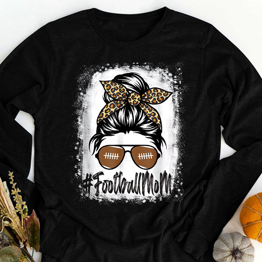 Football Mom Shirt Bleached Football Mom Life With Leopard and Messy Bun Player T-Shirt Mothers Day Shirts for Women