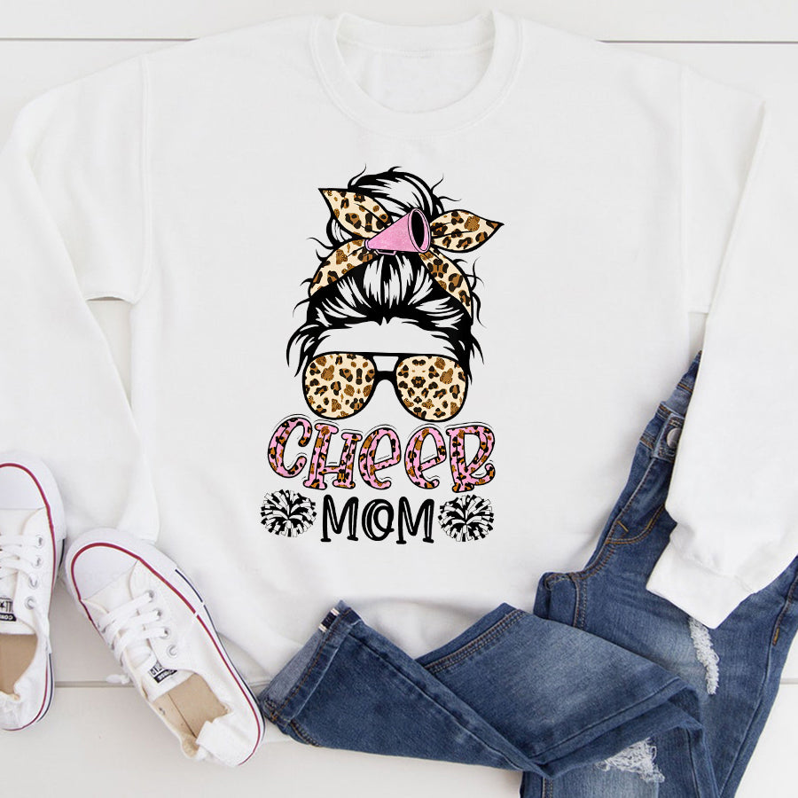 Cheer Mom Shirt Cheer Mom Leopard Messy Bun Cheerleader Funny Mothers Day T-Shirt Mother Day Shirts