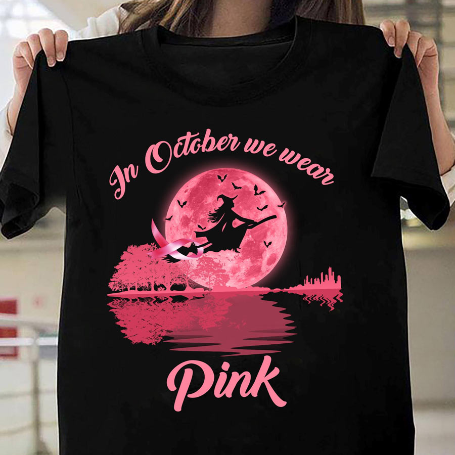 In october we wear pink  Halloween T Shirt, cute Halloween Shirt, Pumpkin Shirt, Breast Cancer skull t shirt, Shirt For Women