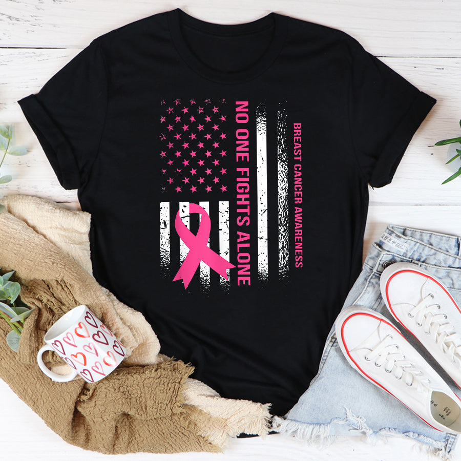 Breast Cancer Awareness Shirts No One Fights Breast Cancer Alone USA Flag Pink Ribbon T-Shirt