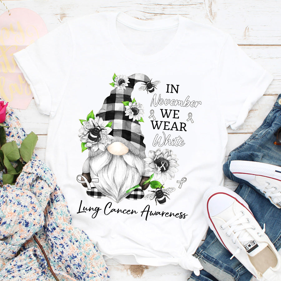 In November We Wear White Lung Cancer Awareness Gnomes T Shirt , Lung Cancer Awareness Ribbon Day, White Ribbon