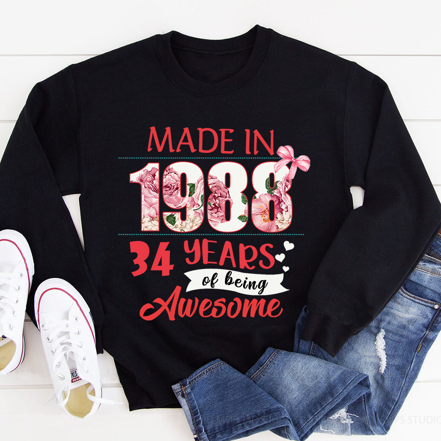 Made In 1988 - 34 years of being awesome 34th birthday unique t shirt for woman, her gifts for 34 years old, Turning 34 and fabulous birthday cotton shirt