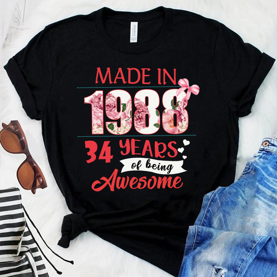 Made In 1988 - 34 years of being awesome 34th birthday unique t shirt for woman, her gifts for 34 years old, Turning 34 and fabulous birthday cotton shirt