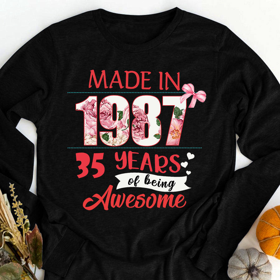 Made In 1987 - 35 years of being awesome 35th birthday unique t shirt for woman, her gifts for 35 years old , Turning 35 and fabulous birthday cotton shirt
