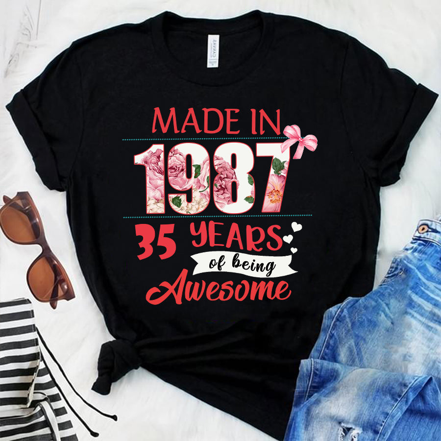 Made In 1987 - 35 years of being awesome 35th birthday unique t shirt for woman, her gifts for 35 years old , Turning 35 and fabulous birthday cotton shirt