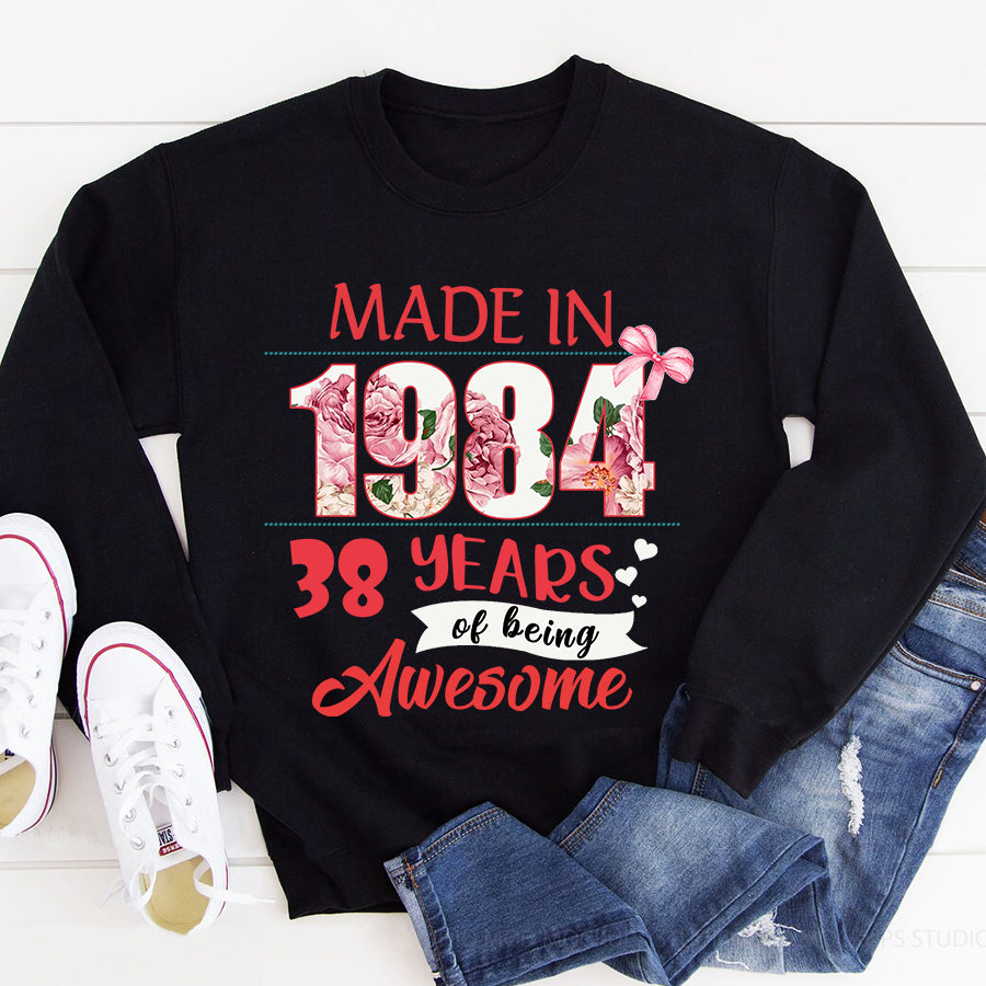 Made In 1984 - 38 years of being awesome 38th birthday unique t shirt for woman, her gifts for 38 years old , Turning 38 and fabulous birthday cotton shirt