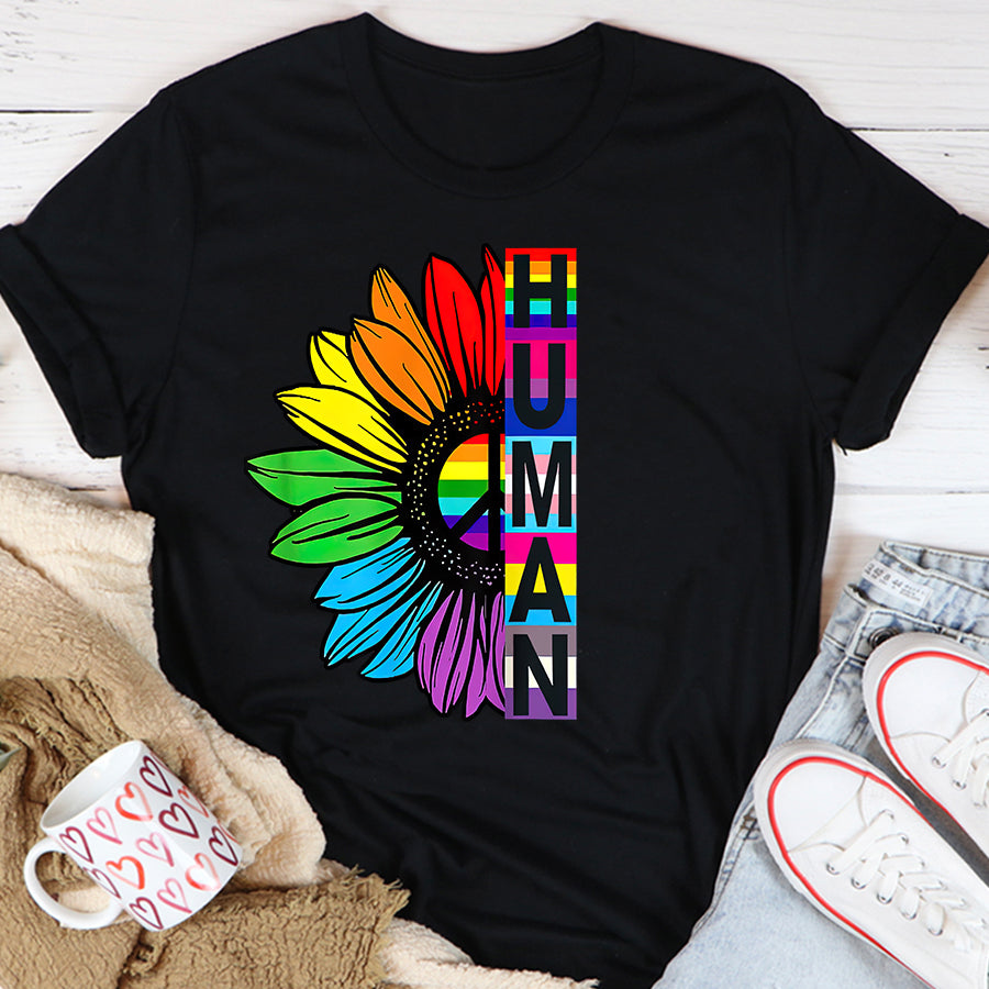 LGBT Shirts, Rainbow Pride Shirt,HUMAN Sunflower LGBT Flag Gay Pride Month Proud LGBTQ T-Shirt